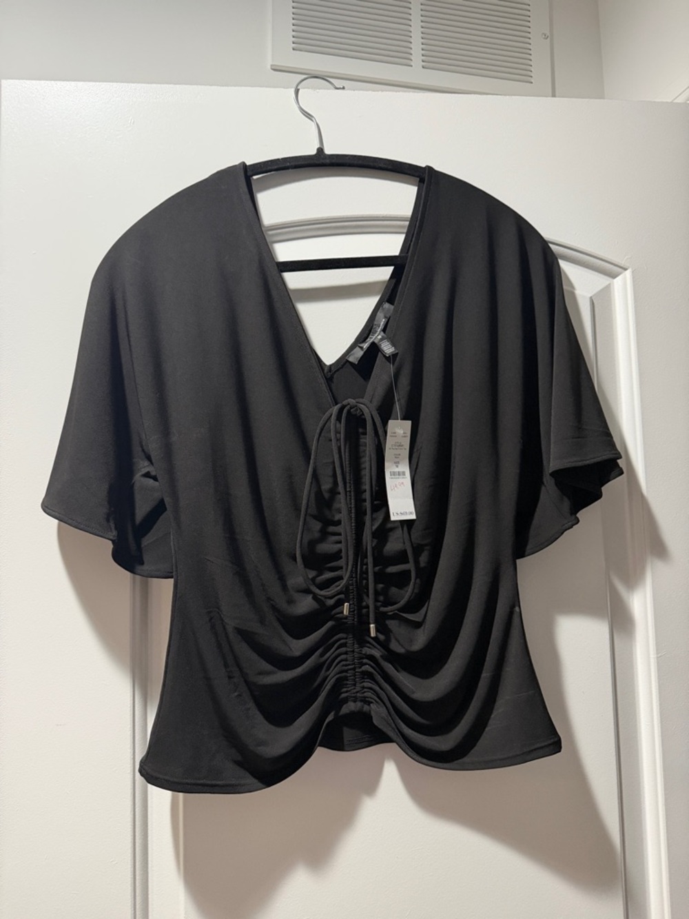 White House Black Market Black Ruched Tie-Front V-Neck Top